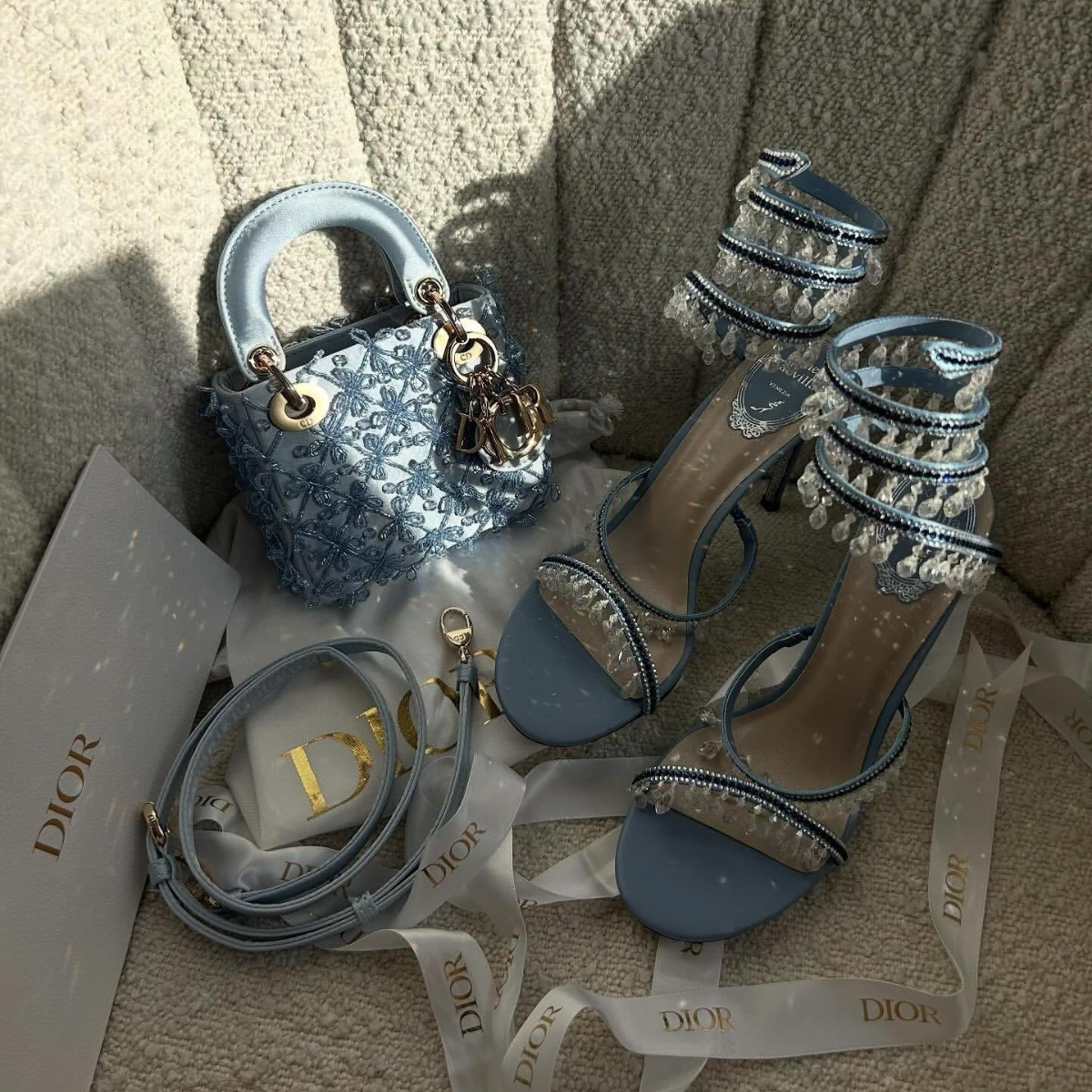 LADY DIOR MICRO BLUE & RENÉ CAOVILLA CRYSTAL SANDALS SET