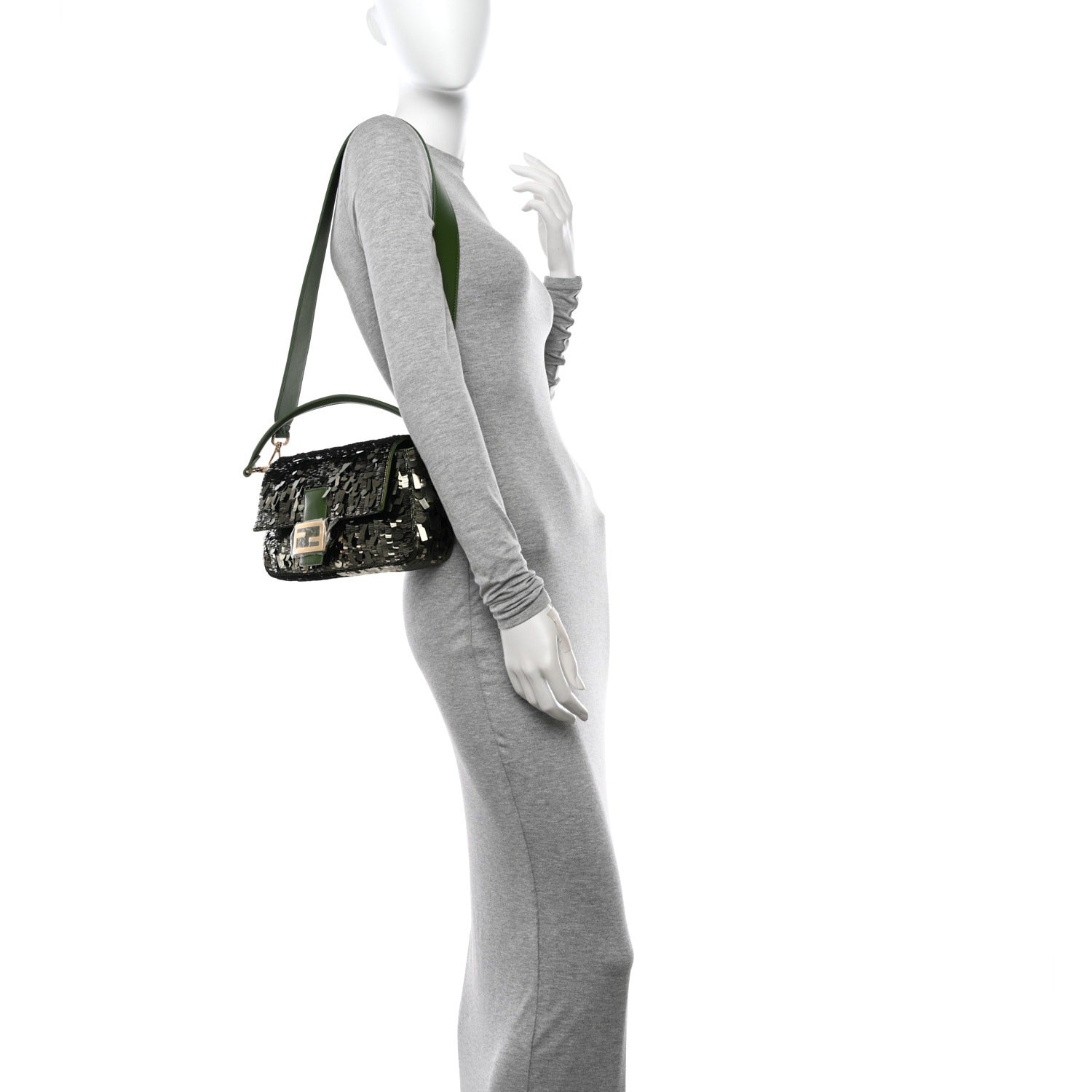 FENDI BAGUETTE BAG IN GREEN SEQUINS AND LEATHER
